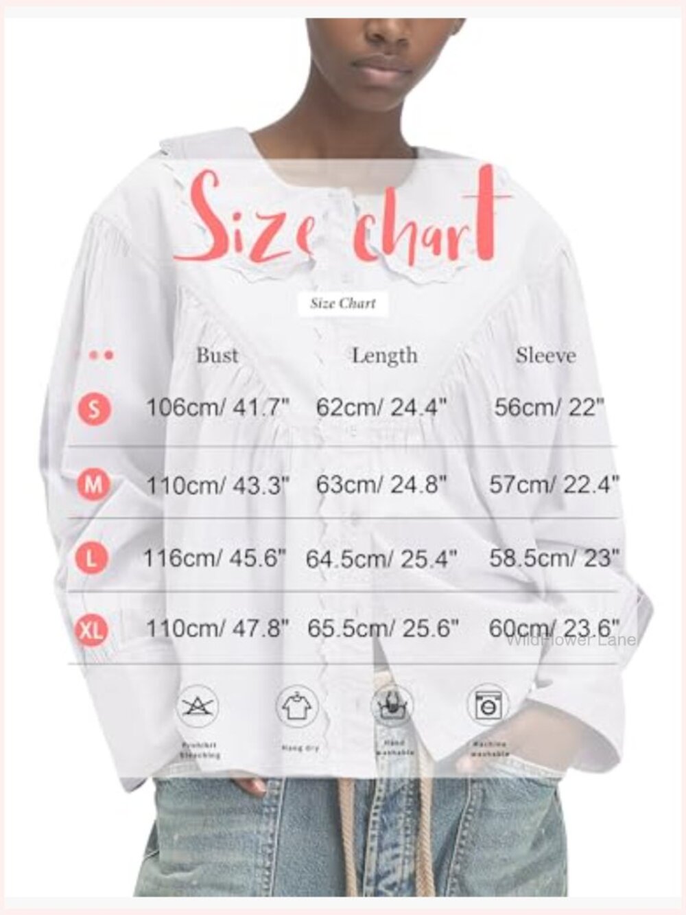 Cotton Button Down Blouse Lace Trim Loose Fit Peter Pan Collar Long Sleeve Work - Picture 5 of 7